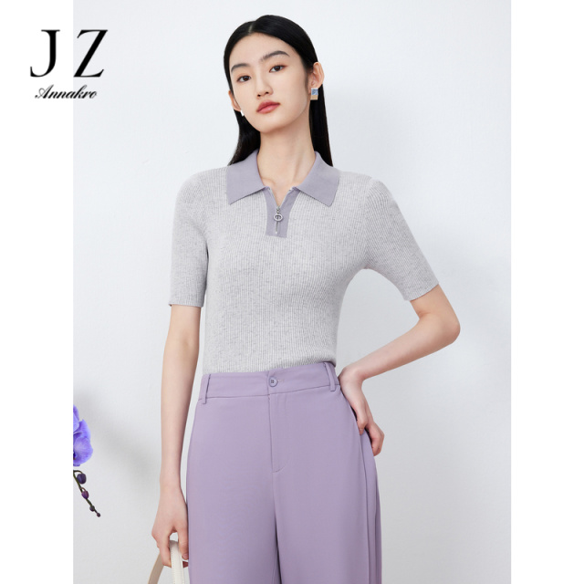 10819112.JZ玖姿花纱弹力针织短袖女装夏季坑条肌理通勤Polo针织衫