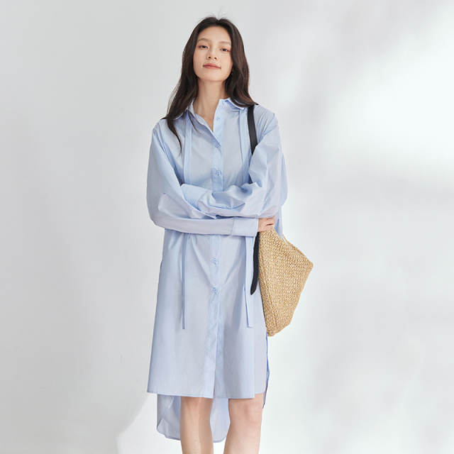 10818331.艾莱依蓝色连衣裙女夏季长袖气质优雅衬衫裙时尚收腰裙子