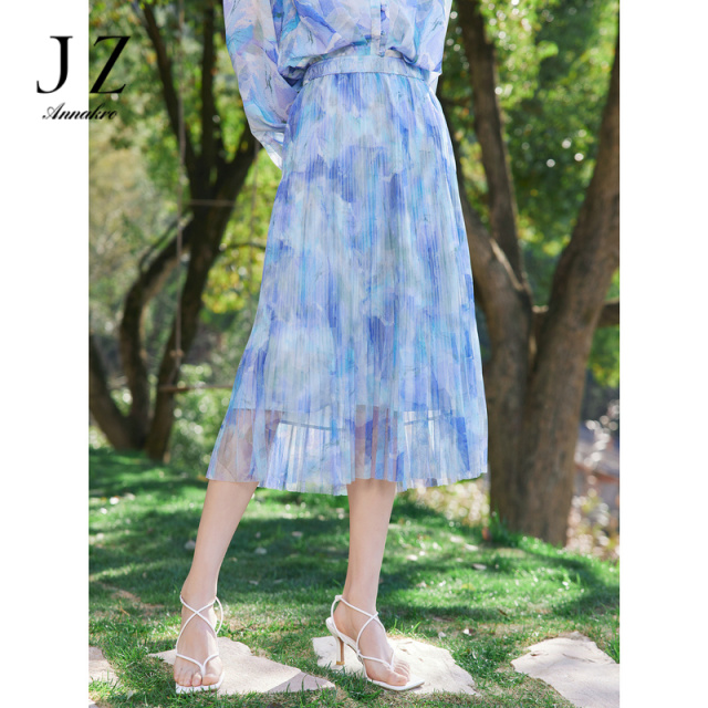 10818986.JZ玖姿网布印花压褶伞裙女装夏季花样褶裥半身裙子紫色