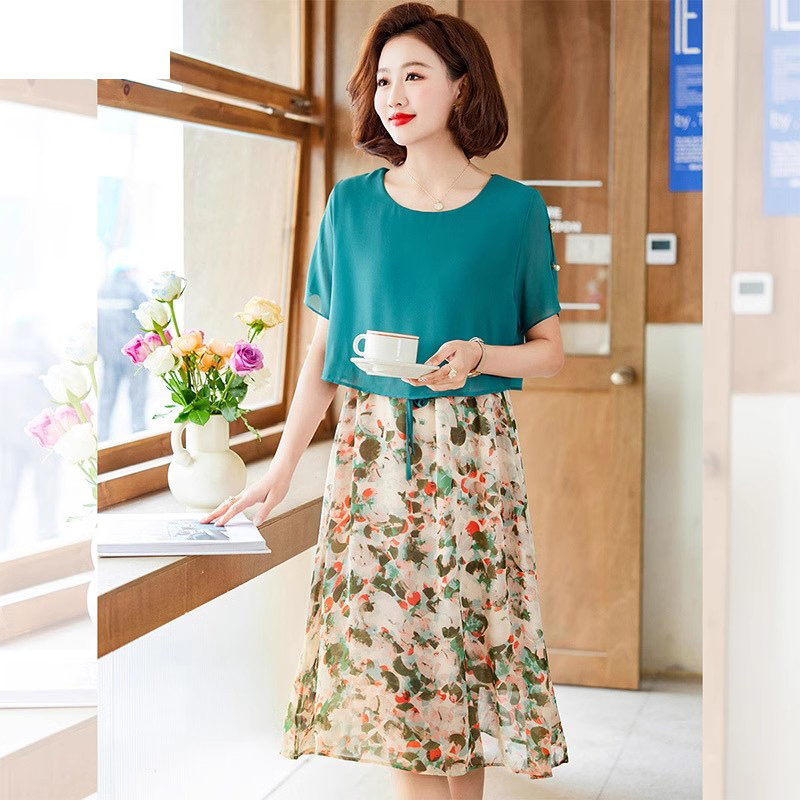 12640710.妈妈装夏季圆领拼接撞色假两件连衣裙