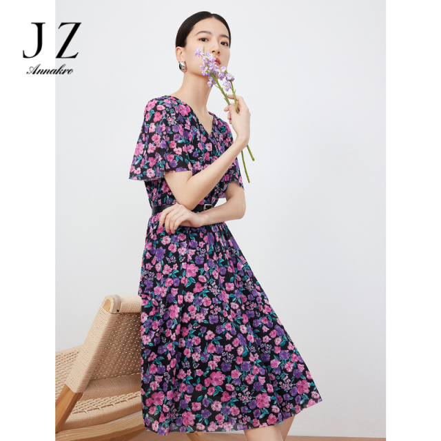 10819022.玖姿安娜蔻碎花网纱短袖连衣裙女装夏季收腰显瘦V领中长裙