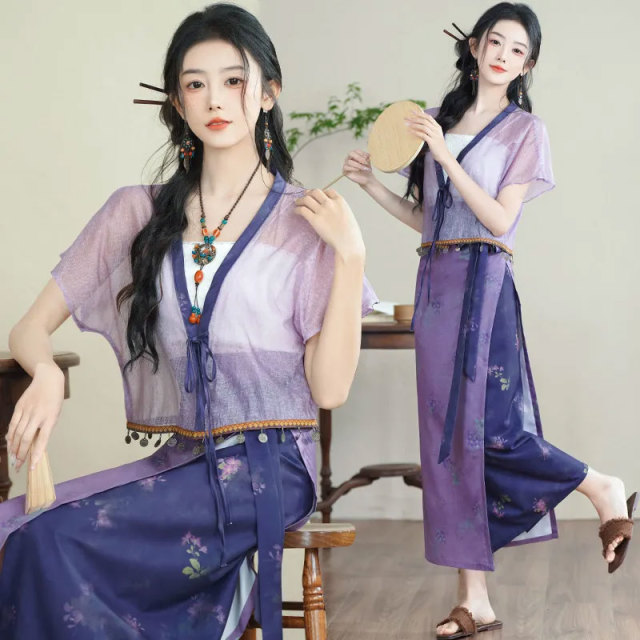 13459424.初云紫衣春夏装 女新中式国风盘扣系带开衫吊带印花裹裙三件套2313