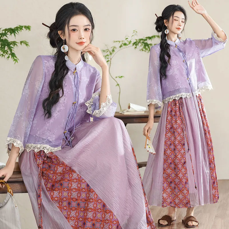 13459425.初云紫衣春夏装 女新中式国风提花盘扣改良花边袖上衣半身裙套装2335