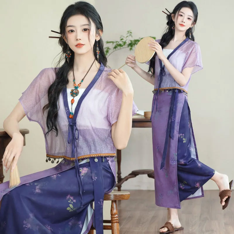 13459424.初云紫衣春夏装 女新中式国风盘扣系带开衫吊带印花裹裙三件套2313