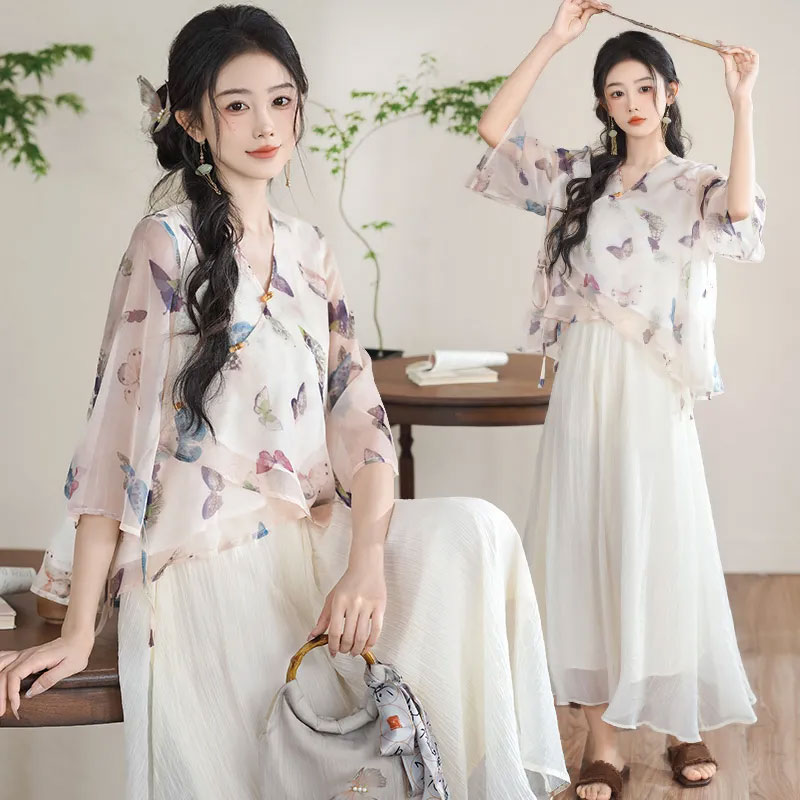 13459423.初云紫衣春夏装 女新中式印花盘扣V领协襟七分袖上衣半身裙套装2311