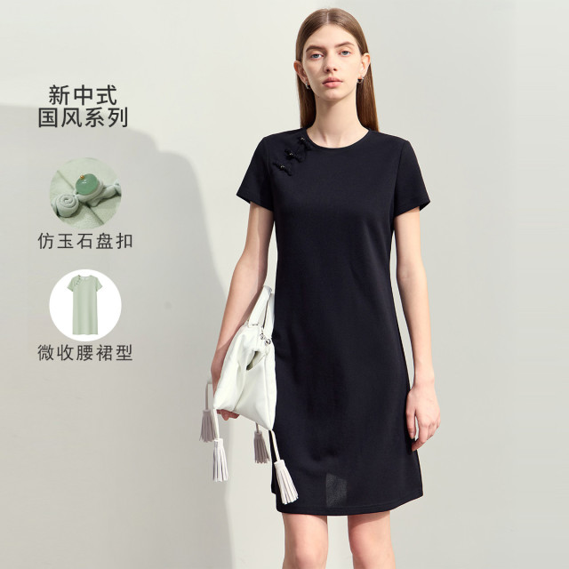 10865943.【新中式】夏季新款针织乱麻仿玉石扣斜襟圆领微弹连衣裙