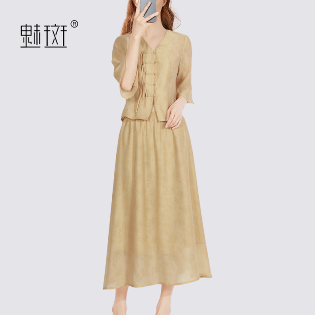 10839835.魅斑新中式流苏盘扣套装裙V领衬衫半身裙两件套