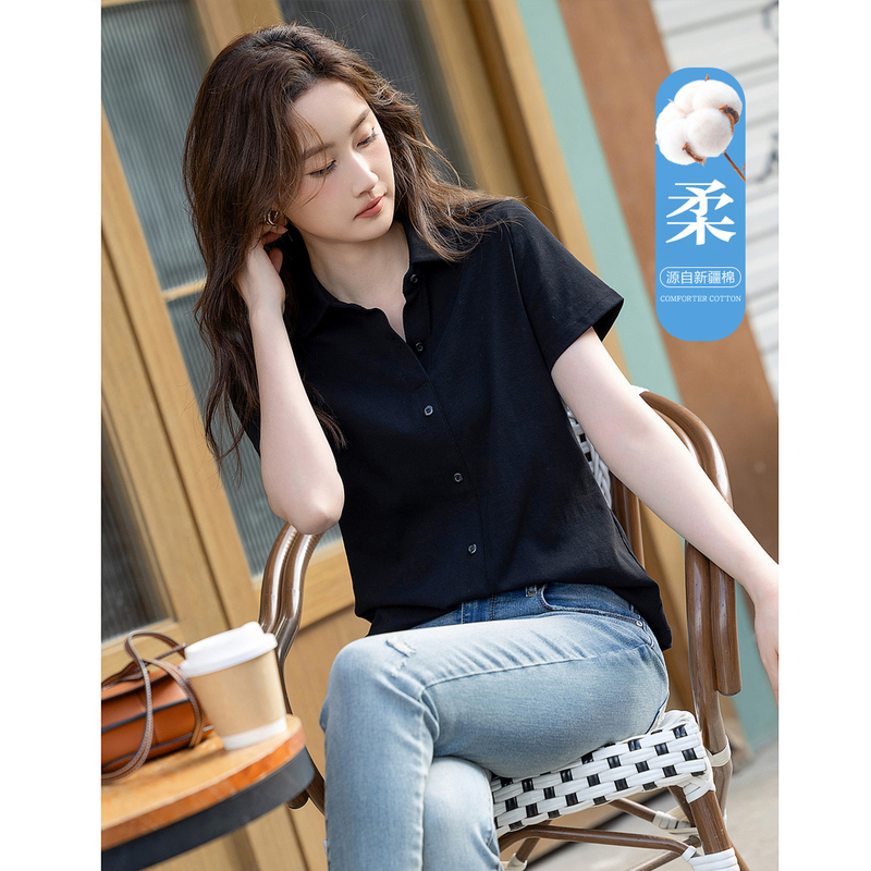 10846824.【格雷系穿搭】夏轻龄甜美娃娃领休闲短袖舒适棉氨女式t恤
