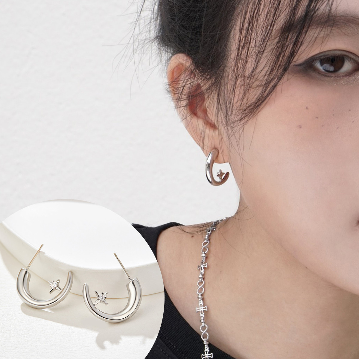 10881221.小众冷淡风四芒星线条耳环2024年高级感耳饰女