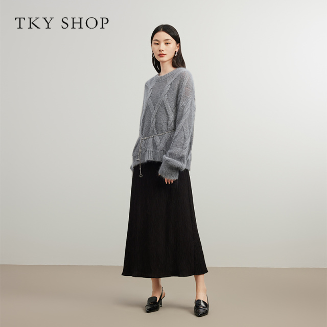 10864910.TKY SHOP灰色圆领马海毛毛衣软糯亲肤毛套衫秋冬保暖时尚百搭宽松