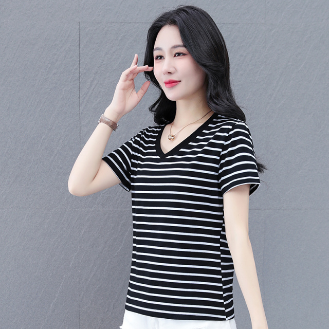 10878562.7-CY女式新款条纹V领短袖T恤夏季洋气百搭上衣【7-CY女装XJ】