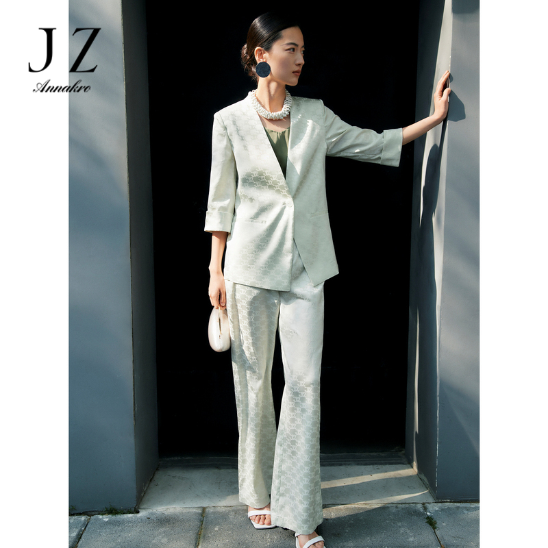 10890545.JZ玖姿缎面提花阔腿裤女装夏季休闲裤
