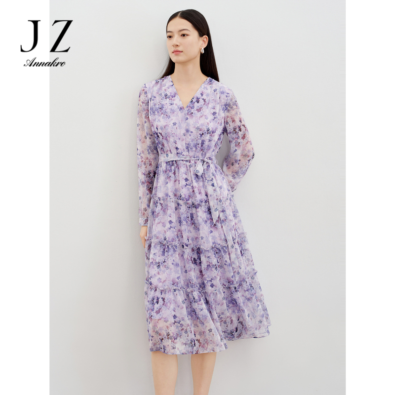 10891477.【草木系列】玖姿安娜蔻雪纺印花木耳边收腰连衣裙女2024春季新款