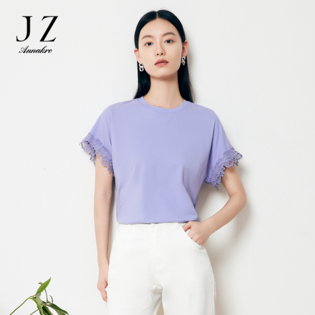 10891187.JZ玖姿轻熟休闲风直筒宽松蕾丝棉纯色短袖套头T恤女夏季