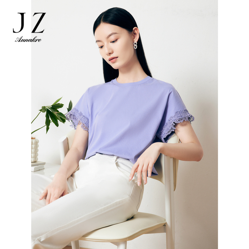 10891187.JZ玖姿轻熟休闲风直筒宽松蕾丝棉纯色短袖套头T恤女夏季
