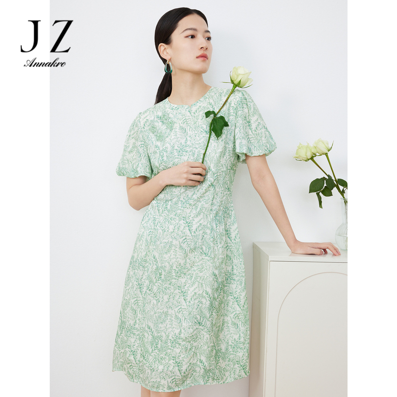10892421.JZ玖姿新中式改良旗袍国风连衣裙女装夏季新款萱草泡泡袖裙子