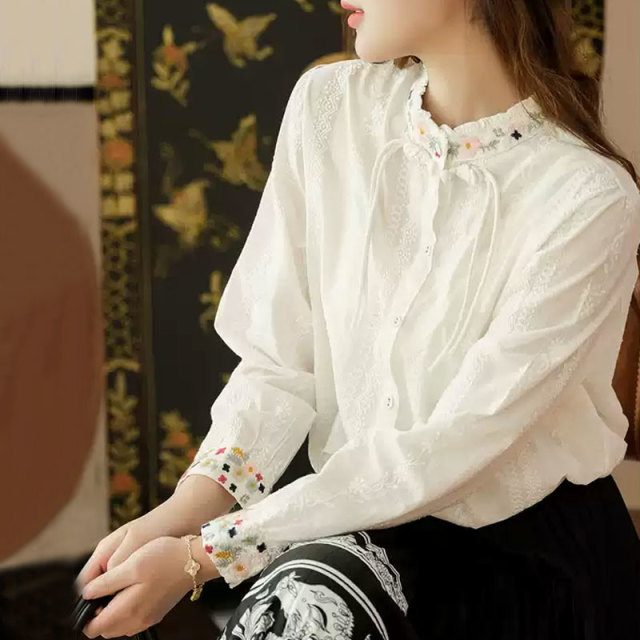13460977.初云紫衣春秋装 女文艺刺绣小花长袖衬衫上衣复古宽松显瘦衬衣1587