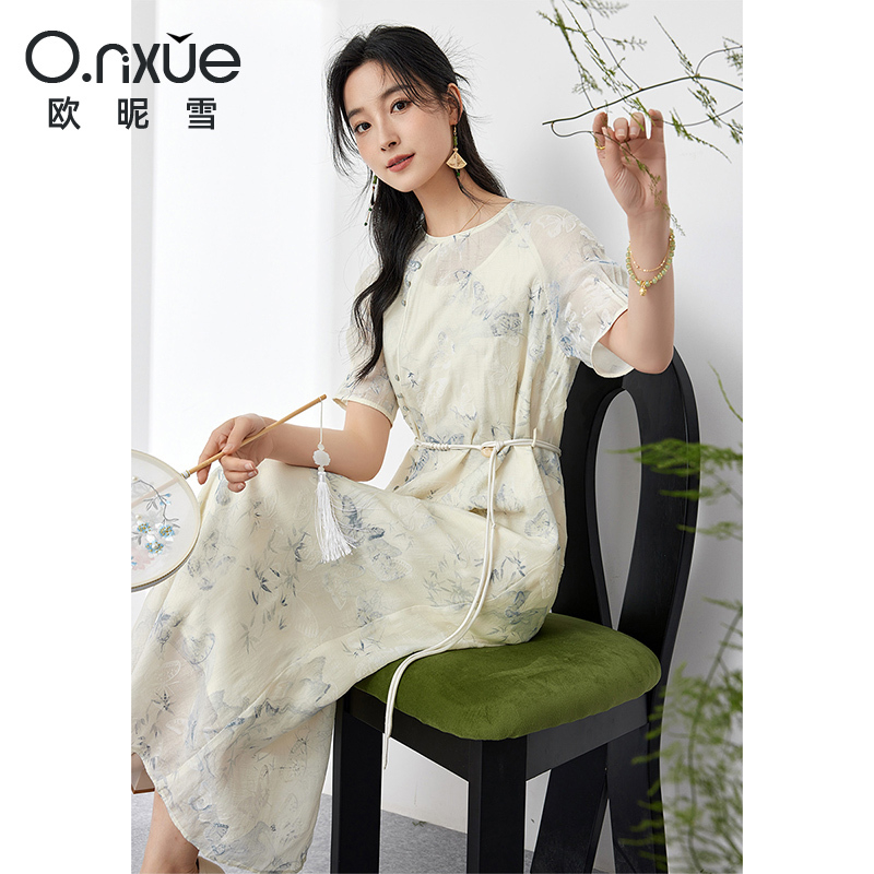 10922857.欧昵雪【新中式优雅显瘦裙子】款清新植绒印花天丝连衣裙女