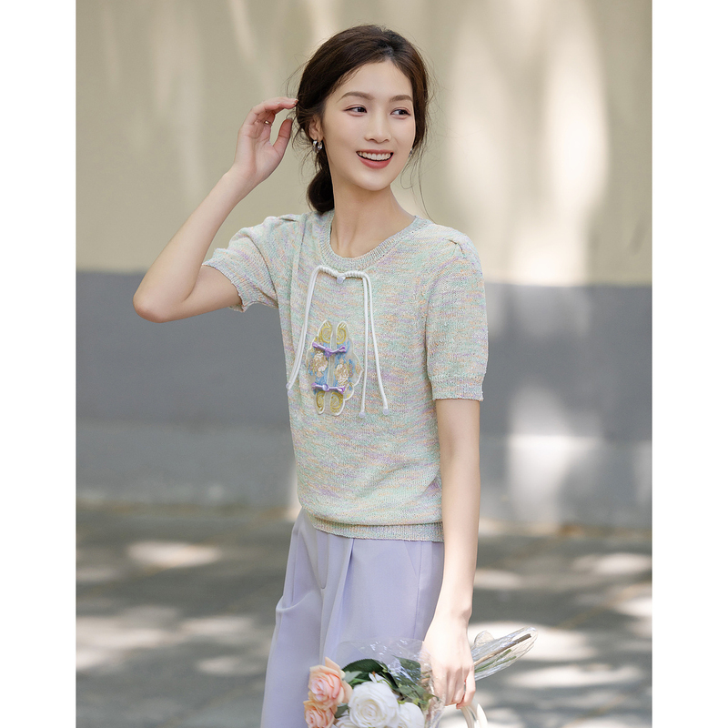 10924453.【新中式国风刺绣t恤】夏圆领柔软花纱古典盘扣短袖女式t恤