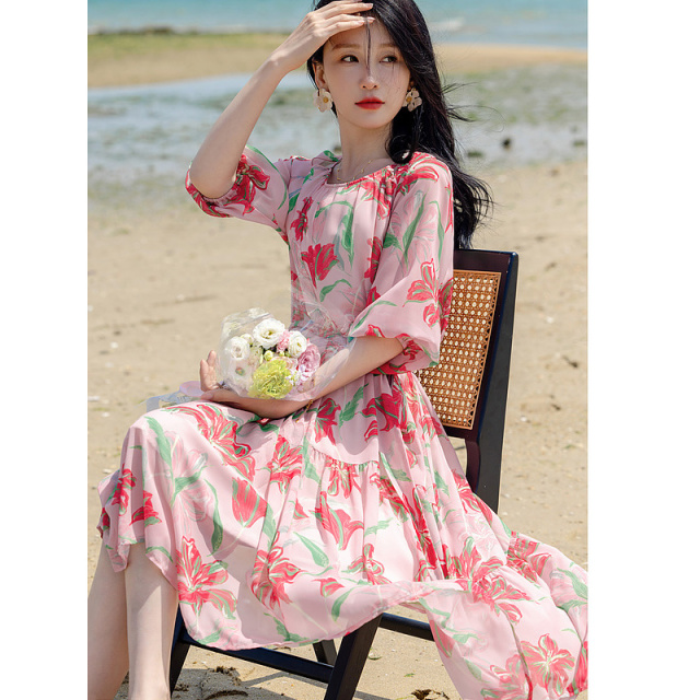 10937272.【去海边度假吧】夏法式灯笼袖大摆印花绑带雪纺连衣裙女中长款