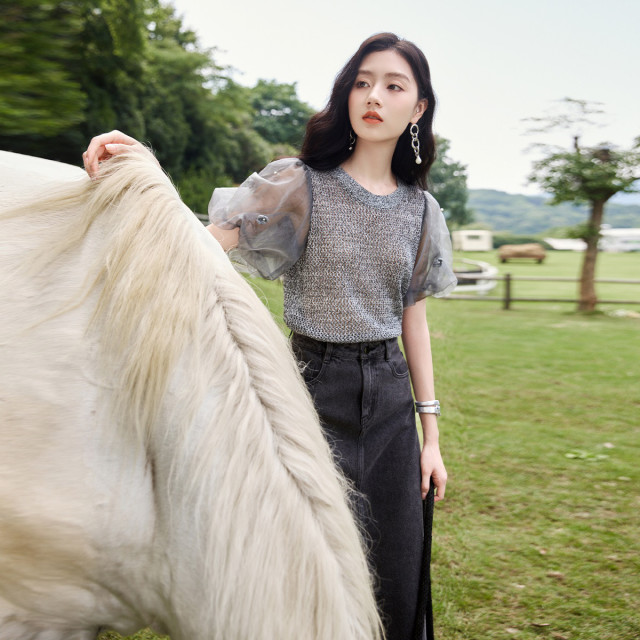 10958513.泡泡袖针织衫女高级感拼接短袖气质法式上衣