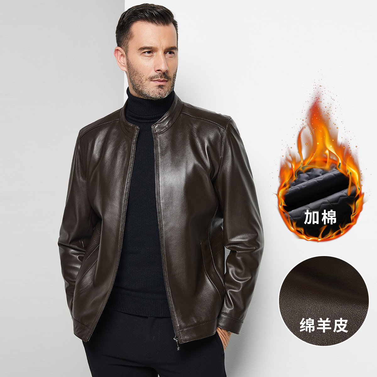 12147341.【绵羊皮】冬季加棉立领经典修身短款休闲真皮皮衣夹克