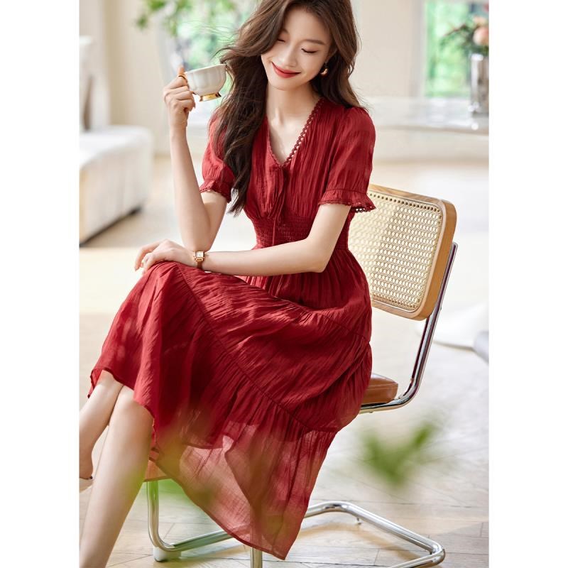 10961529.【沫晗依美】【优雅森系泡泡袖收腰抽褶系带连衣裙女】夏季新款连衣裙