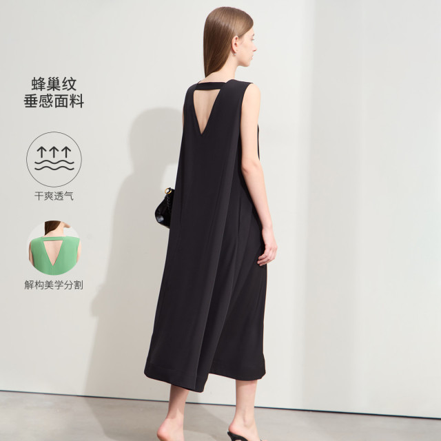 10968623.夏季新款V领不规则摆宽松连衣裙女镂空一字带无袖通勤裙子