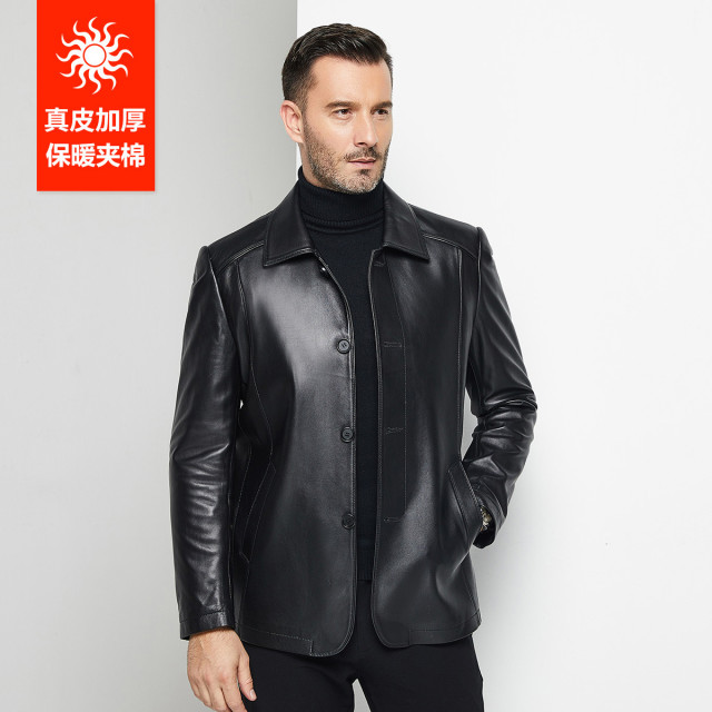 12147337.【绵羊皮】冬季加棉翻领纽扣修身短款休闲夹克真皮皮衣