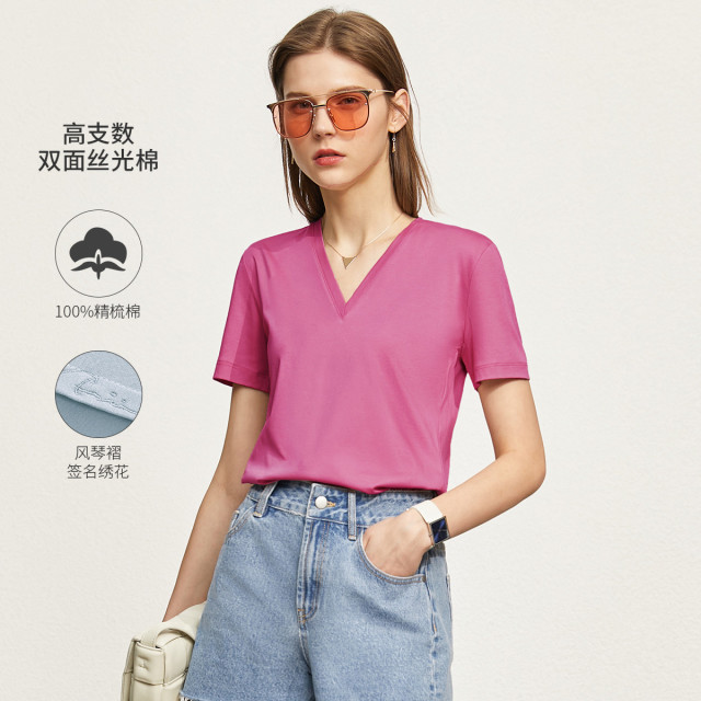 10968739.极简新款纯色V领正肩短袖微弹全棉丝光棉T恤女款