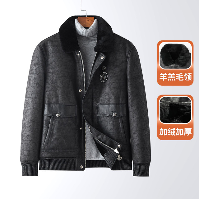 12147336.真皮皮衣青年翻领绵羊皮夹克冬季休闲加绒厚外套
