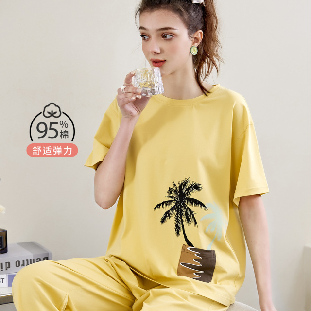 10966384.古今圆领棉质简约短袖七分裤套装宽松睡衣女士家居服