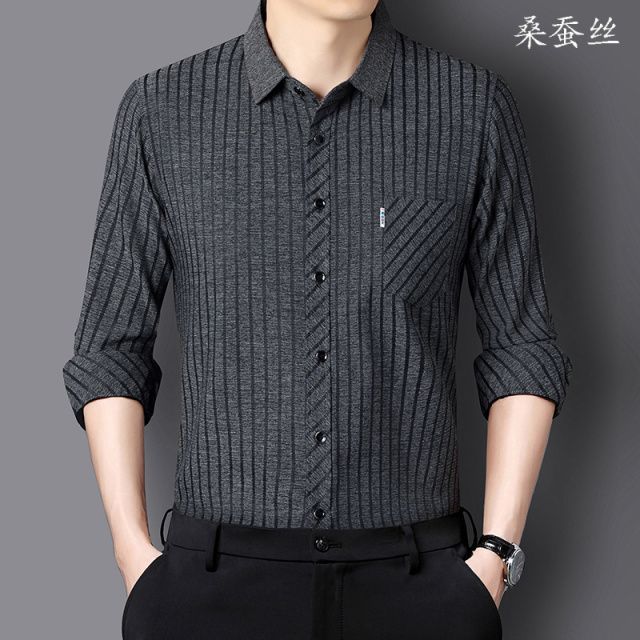 10968040.2026春秋季新款男士桑蚕丝长袖衬衫男条纹休闲高档爸爸装衬衫