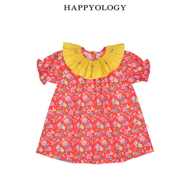 11847644.happyology英国女童连衣裙有机棉英伦印花司马克绣花领裙子夏新款