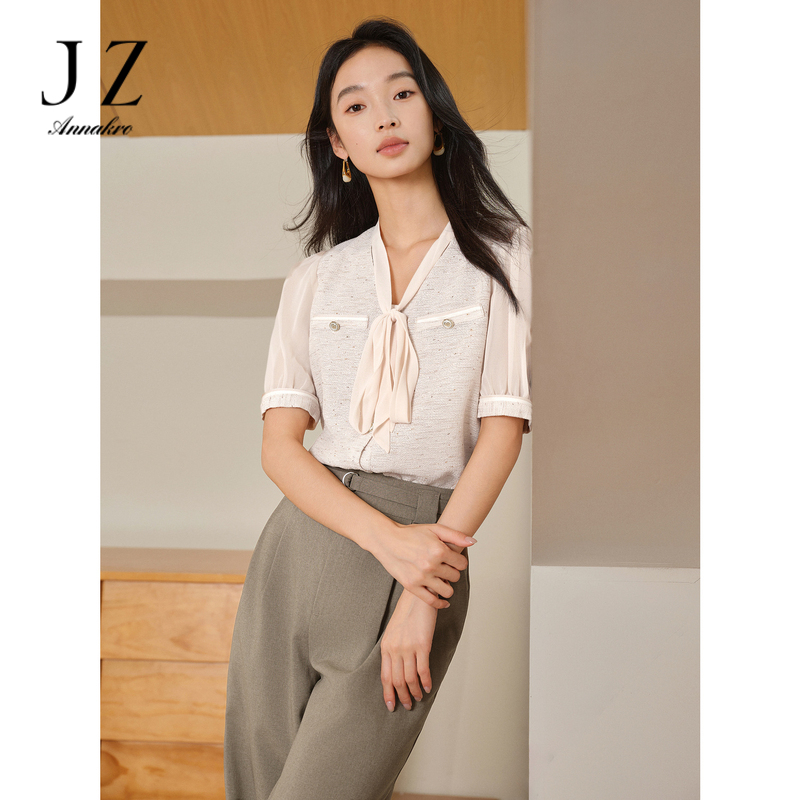 10993352.玖姿安娜蔻优雅风飘带领拼接短袖小香风针织衬衫女2024夏季新款