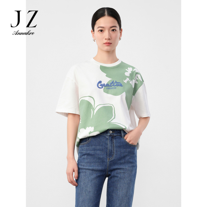 10993078.【草目系列】玖姿安娜蔻清新简约纯棉印花宽松T恤女2024夏季新款