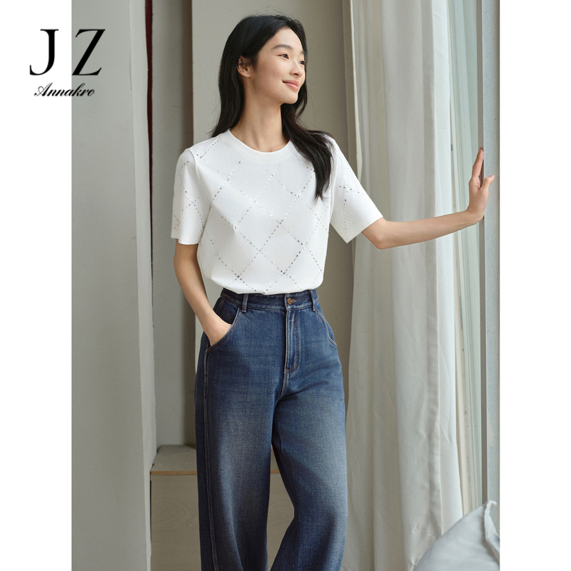 10993037.【清爽沁凉】玖姿安娜蔻摩登英伦烫钻棉短袖T恤女2024夏季新款