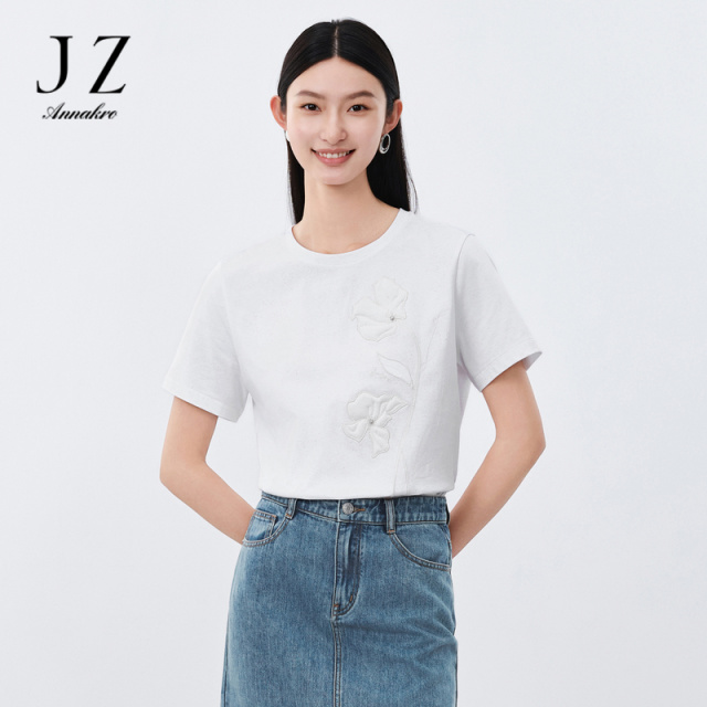 10993019.【草目系列】玖姿安娜蔻BLING烫银立体花纯棉T恤女2024夏季新款