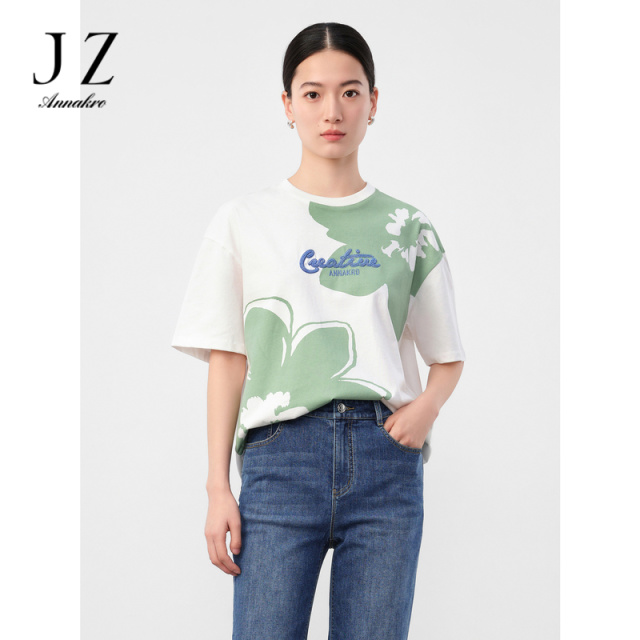 10993078.【草目系列】玖姿安娜蔻清新简约纯棉印花宽松T恤女2024夏季新款