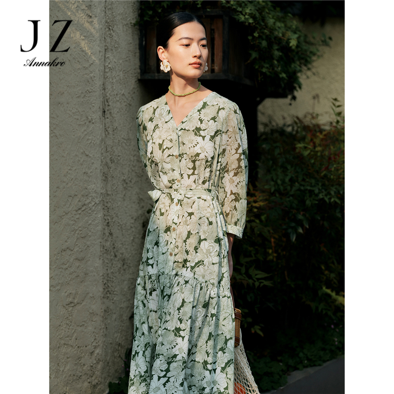 11006067.JZ玖姿国风牡丹连衣裙女装2023夏季新款修身显瘦雪纺连衣裙