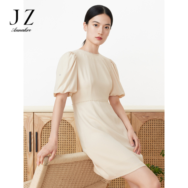 11007285.JZ玖姿洋气通勤风泡泡袖收腰醋酸中长款连衣裙女装2023夏季新款