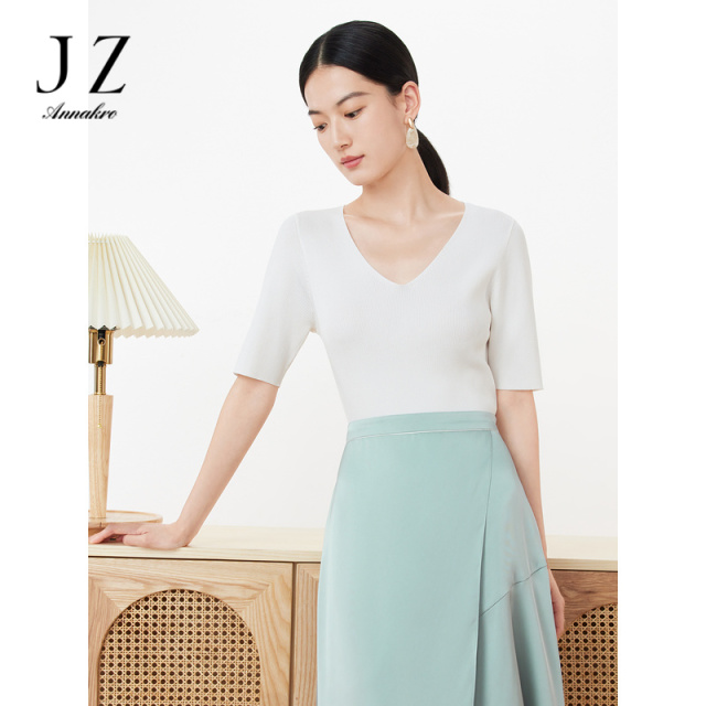11005752.JZ玖姿坑条短袖针织衫女装2023夏季新款三醋酸修身套头T恤红色