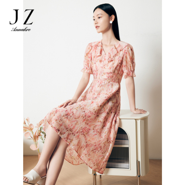 11007288.JZ玖姿度假风印花提花泡泡袖花边领短袖收腰连衣裙女2023夏季新款