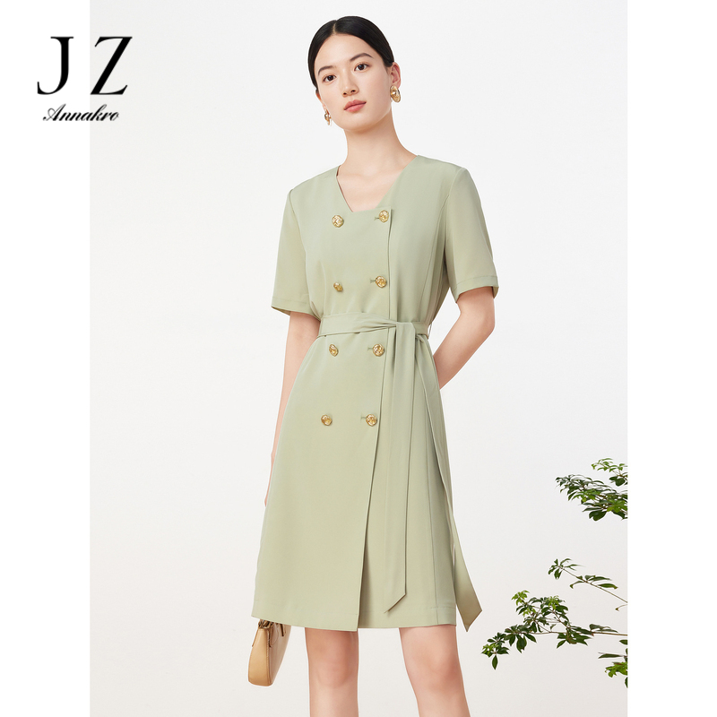 11007279.JZ玖姿简约通勤OL风浅绿色收腰中长款短袖连衣裙女2023夏季新款
