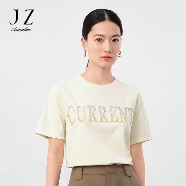 11004991.【清爽沁凉】玖姿安娜蔻简约休闲风蕾丝珠片T恤女2024夏季新款