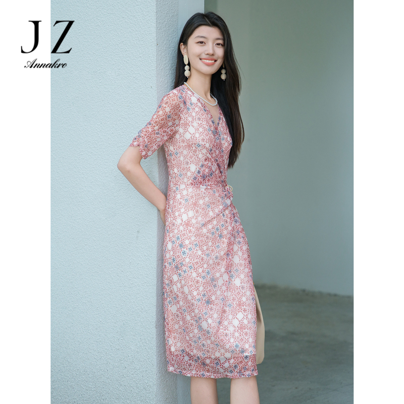 11004987.玖姿安娜蔻优雅雅致印花纱罗收腰修身茶歇裙连衣裙女2024夏季新款