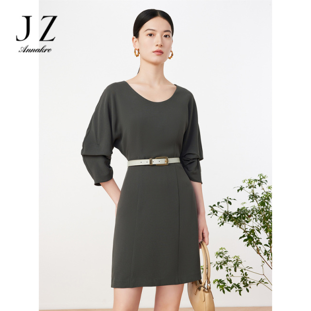 11006185.JZ玖姿U型领设计感小个子连衣裙女装2023夏季新款纯色时尚感裙子