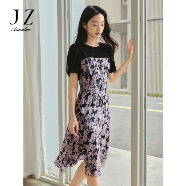 11004969.玖姿安娜蔻优雅法式肌理假两件拼接印花收腰连衣裙女2024夏季新款
