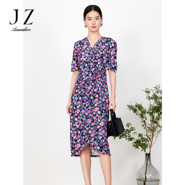 11006180.JZ玖姿女人味印花连衣裙女装2023夏季新款弹力法式泡泡袖开衩裙子