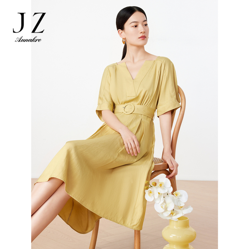 11007280.JZ玖姿洋气通勤OL风时尚压褶收腰纯色连衣裙女装2023夏季新款